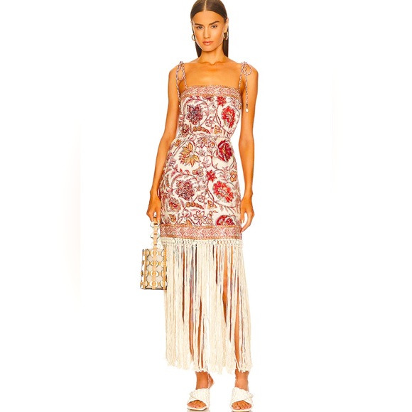 Zimmermann Vitali Sepia Floral Print Tie Waist Fringe Linen Dress - Size 3 - Picture 2 of 8